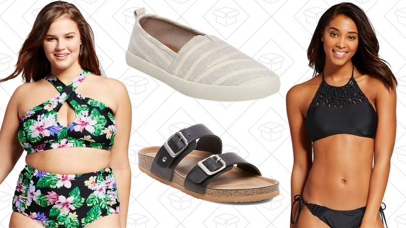 Tropical Halter Bikini Top, $25 | Mad Love Lonnie Slip On Shoes, $20 | Mad Love Keava Footbed Sandals, $23 | Macrame High Neck Bikini Top, $18